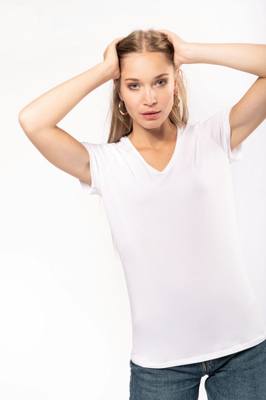 T-paita elastaania, V-pääntie nainen Lyhyet hihat